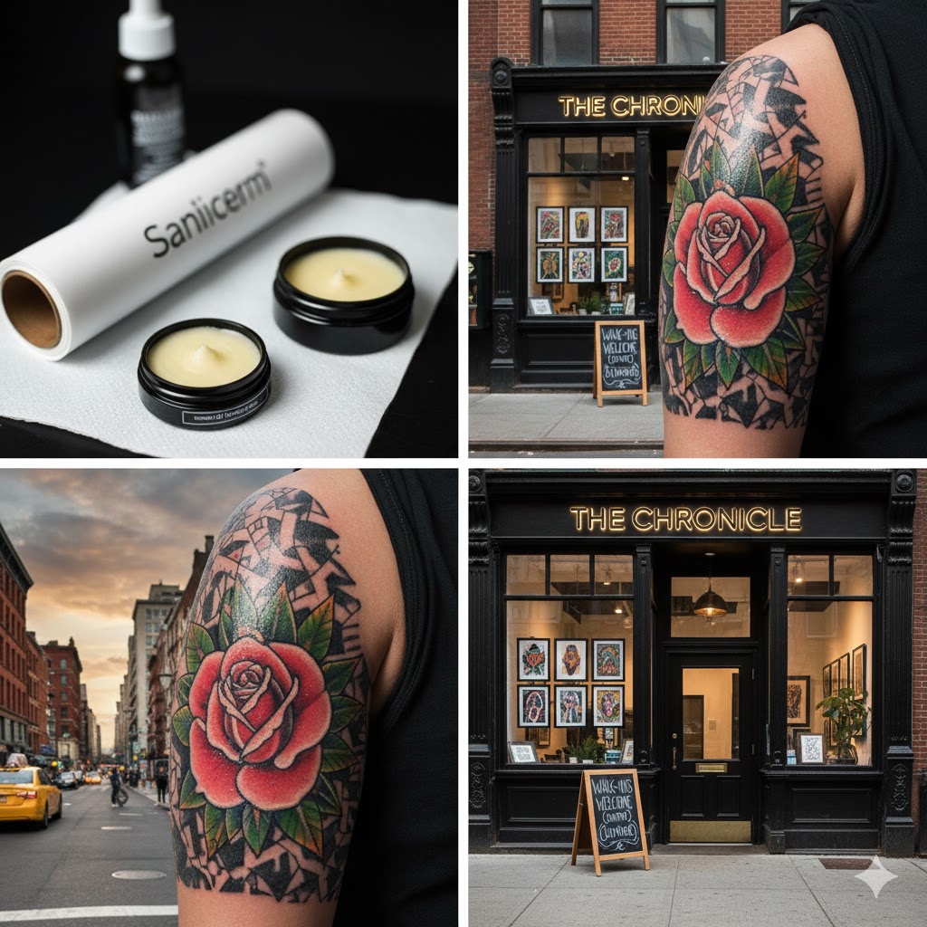 luxury nyc tattoo studio empire state view Detailed comparison of three tattoo styles: Micro-Realism lion portrait, American Traditional eagle with NYC text, and a delicate Fine Line floral wrist tattoo.