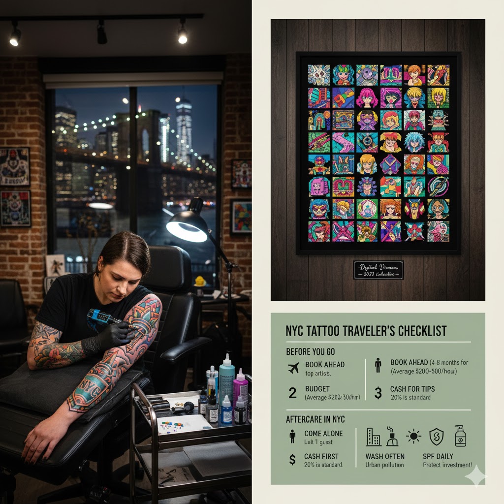 nyc popular tattoo styles 2025 A modern high-end tattoo studio interior in Manhattan featuring artists working and a large window overlooking the New York City skyline and Empire State Building.